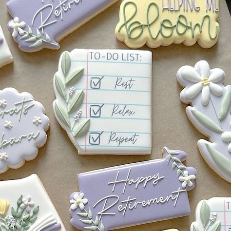 Nicole Phelps on Instagram: "Retirement cookies for a literacy specialist 📖📝🌼 . . . . . . . . . . . . . . . . . . . . . #sandiegocookies #cookiesofinstagram #cookies #sandiegobakersclub #sandiego #retirementcookies #designedwithcanva #cookiedecorating #bakersofig #sweet #cookieart #food #floralcookies #partyideas #partyplanner #canva #cookie #cookiedecorating #foodnetwork #bookcookies #customcookies #cute #love #delicious #literacy #bakersspotlight #literacyspecialist #photooftheday #sugarcookies" Retirement Cookies Decorated For Woman, Retirement Decorated Cookies, Get Well Cookies Decorated, Retirement Party Cookies, Retirement Cookies Ideas, Retirement Cookies Decorated, Retirement Sugar Cookies, Goodbye Cookies, Retirement Party Ideas Decorations