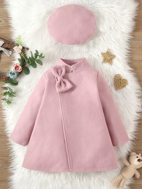 Toddler Girls Bow Front Overcoat & Hat | SHEIN USA Toddler Coats Girl, Toddler Coat, Baby Mode, Shein Kids, Baby Coat, Kids Gown, Rose Bonbon