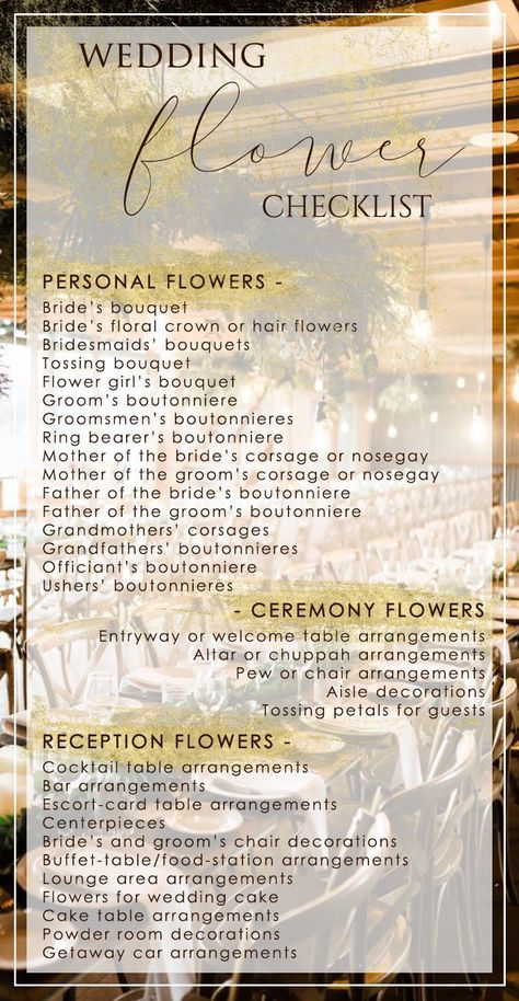 A Guide to All The Wedding Flowers You’ll Need #weddingbouquet #weddingflowers #weddingchecklist #receptionflowers #personalflowers #ceremonyflowers #weddingplanning #weddingtips #weddingadvice Must Dos For Wedding, Flower Checklist For Wedding, Who Gets Flowers At Wedding, What Flowers Do I Need For My Wedding, Where Do You Need Flowers At A Wedding, Where To Put Flowers At Wedding, Decoration List For Wedding, Wedding Do And Donts, Who Gets Flowers At Wedding List Of