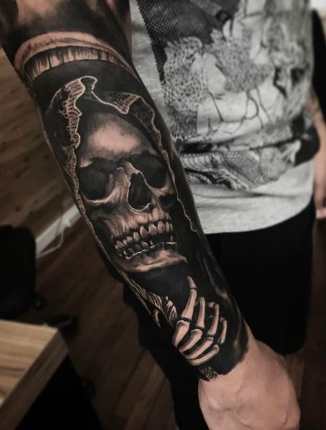 Grim Reaper Tattoo - InkStyleMag Halloween Tattoos Sleeve, Mangas Tattoo, Evil Skull Tattoo, Grim Reaper Tattoo, Reaper Tattoo, Skull Sleeve Tattoos, Skull Sleeve, Tattoos Sleeve, Evil Tattoos