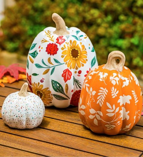 Embrace autumn colors while elevating your home decor during the fall months with the Autumn Blooms Ceramic Pumpkins set. Perfect for sprucing up any indoor or outdoor space, the small, medium and large sizes feature floral designs that spruce up their space. The printed floral pattern will make these pieces stand out on any mantel or porch! Incorporate these stunning designs into your autumn decor for an extra dose of charm and impress guests and neighbors alike. Ceramic Pumpkins, Pumpkin Stands, Large Pumpkin, Creative Pumpkins, Fall Color Palette, Pumpkin Art, Pumpkin Design, Painted Pumpkins, Garden Statues