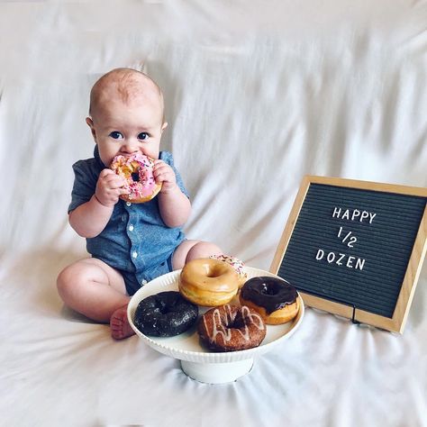 Half Way To One Baby Pictures Boy, Half Dozen Birthday Photo, Half Way To One Photoshoot Boy, Half Dozen Birthday, Half A Dozen Donuts For 6 Months, Half Birthday Photoshoot Boy, Half Dozen Photo Shoot, Half Birthday Ideas For Boys Photoshoot, Happy Half Dozen