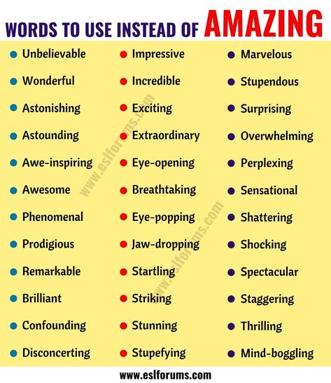 AMAZING Synonym: List of 36 Synonyms for Amazing with Examples - ESL Forums List Of Synonyms, Describing Words, Writing Posters, Other Ways To Say, Essay Writing Skills, Descriptive Words, Good Vocabulary Words, Good Vocabulary, English Writing Skills