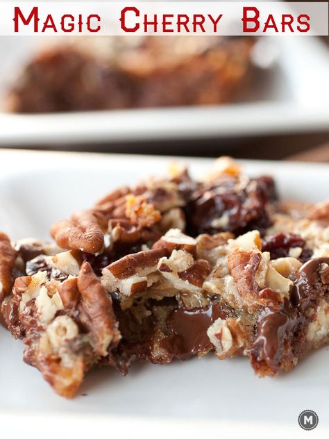 Magic Cherry Bars ~ quick and simple gooey cookies bars with chocolate, cherries, and pecans #holiday Chocolate Cherry Bars, Dried Cherry Recipes, Chocolate Cherries, Magic Chocolate, Cherry Bars, Magic Bars, Gooey Cookies, Cherry Cookies, Cookies Bars