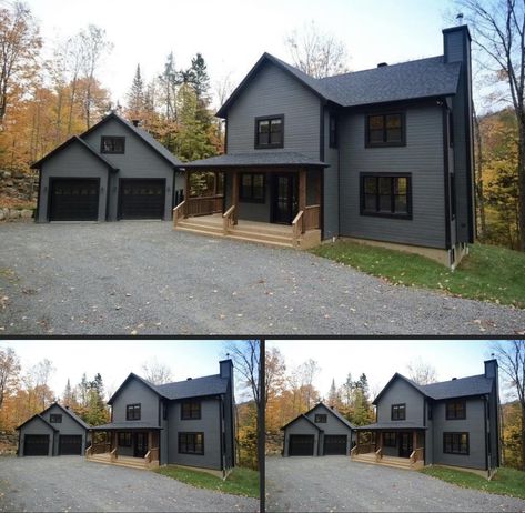 This beautiful house is beyond... - Amazing House Plan Gray Sided Houses, Dark House Black Windows, Charcoal Siding Black Trim, Dark Grey Houses With Black Trim, Black And Gray Exterior House, Dark Gray House Black Trim, Dark Color Exterior House Colors, Dark Grey Houses Exterior, Grey Siding With Black Trim