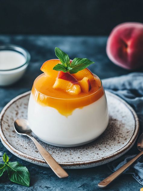 Peach Sponge Pudding, Peach Panna Cotta, Peach Gelatin Dessert, Vanilla Bean Panna Cotta, Panna Cotta Natashas Kitchen, Natasha’s Kitchen Panna Cotta, Vanilla Bean Paste, Pudding Cups, Dream Weaver