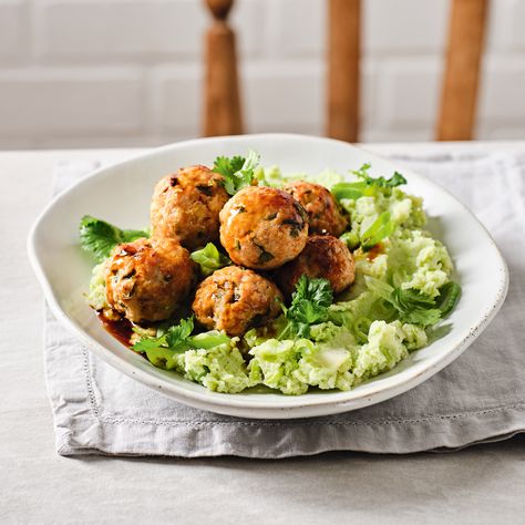 Miso Meatballs with Wasabi Mash Recipe | Recipes from Ocado Miso Meatballs, Mash Recipe, Edamame Beans, Soy Beans, Vegan Shopping, White Miso, Summer Tomato, Potato Sides, Meal Deal