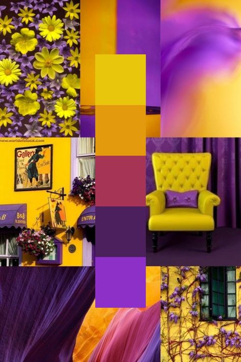 Purple Yellow Color Scheme, Yellow Color Palette Combination, Purple Orange Color Palette, Color Wheel Interior Design, Colour Wheel Combinations, Hone Decor, Bohemian Color Palette, Hospital Signage, Charlie Chocolate Factory