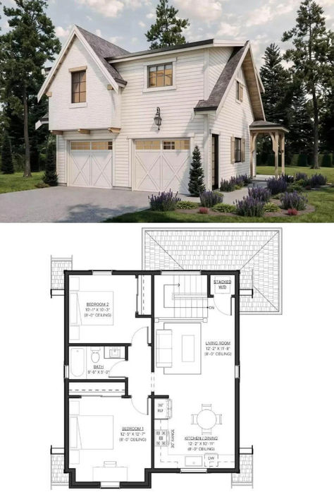 Cottage-Style 2-Bedroom Allenwood ADU with Covered Patio and Double Garage (Floor Plan) Adu With Garage, Garage With Adu, Adu Plans, Mansion Floor Plans, House Plans Mansion, Mansion Floor Plan, Garage Floor Plans, Wrap Around Porch, Double Garage