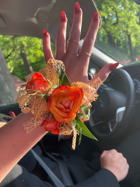 Orange Corsage, roses Bright Orange Corsage, Orange And White Corsage, Prom Bouquet Ideas Orange, Orange Hoco Flowers, Prom Nails Orange Dress, Orange Prom Corsage, Orange Bouquet Prom, Orange Prom Flowers, Orange Corsage And Boutonniere