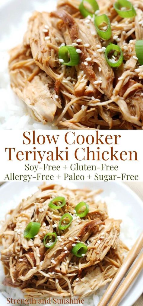 Slow Cooker Teriyaki Chicken (Gluten-Free, Allergy-Free, Paleo) | Strength and Sunshine Slow Cooker Teriyaki Chicken is a flavorful, quick, and easy meal the whole family will love! This gluten-free, soy-free, allergy-free, and paleo recipe is a dump-and-go Crock-Pot dinner you'll be making on repeat. Use the leftovers for lunch or make it for a freezer-friendly meal prep option! Just chicken and a naturally sweet homemade teriyaki sauce! #teriyakichicken #crockpotchicken Gluten Free Teriyaki Chicken Crockpot, Allergy Friendly Crockpot Recipes, Allergy Friendly Crock Pot, Soy Free Crockpot Recipes, Gluten Free Soy Free Recipes, Allergy Friendly Meals, Paleo Crock Pot Recipes, Slow Cooker Chicken Teriyaki, Healthy Teriyaki Chicken