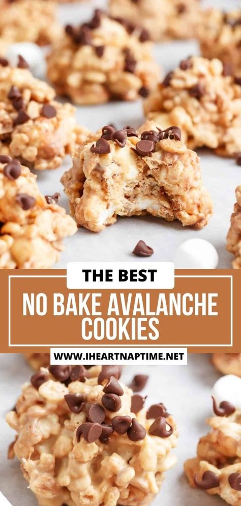 Chewy, crispy, and sweet, no bake avalanche cookies are made with Rice Krispies, melted white chocolate, peanut butter, mini marshmallows, and chocolate chips! Mo Bake Cookies, No Bake Avalanche Treats, No Bake White Chocolate Peanut Butter Candy, Rice Krispie Treats White Chocolate, Avalanche Cookies With Almond Bark, White Chocolate Rice Krispy Marshmallow, No Bake Avalanche Cookies, Avalanche Cookies, White Chocolate Peanut Butter