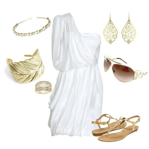 Greek Inspired Outfits, Dress Outfits Polyvore, Greek Party, Toga Costume, Roman Costume, Toga Party, Greek Costume, White Dress Outfit, Greek Goddess Costume