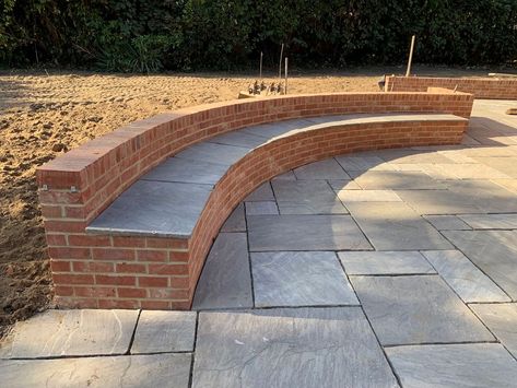 Red Brick Pavers Backyard, Brick Bench Seat, Brick Bench Outdoor, Brick Bench, Garden Pavillion, Brick Planter, Outside Seating Area, Raised Patio, Pathway Landscaping