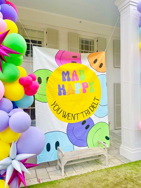 Mad Happy Sorority Theme, Sorority Event Decorations, Tri Delta Bid Day Themes, Mad Happy Bid Day Theme, Sorority Sheet Signs, Mad Happy Bid Day, Party Like Its Your Bid Day, Spring Bid Day Themes, Smiley Face Bid Day