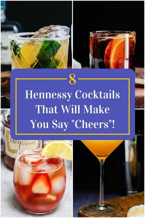 Collage of 4 hennessy cocktails. Pure White Hennessy Cocktails, Hennessy Cocktails Recipes, Drinks With Hennessy, Hennessy Drinks Recipes, Hennessy Mixed Drinks, Henny Drinks, Alcoholic Slushies, Hennessy Cocktails, Hennessy Drinks