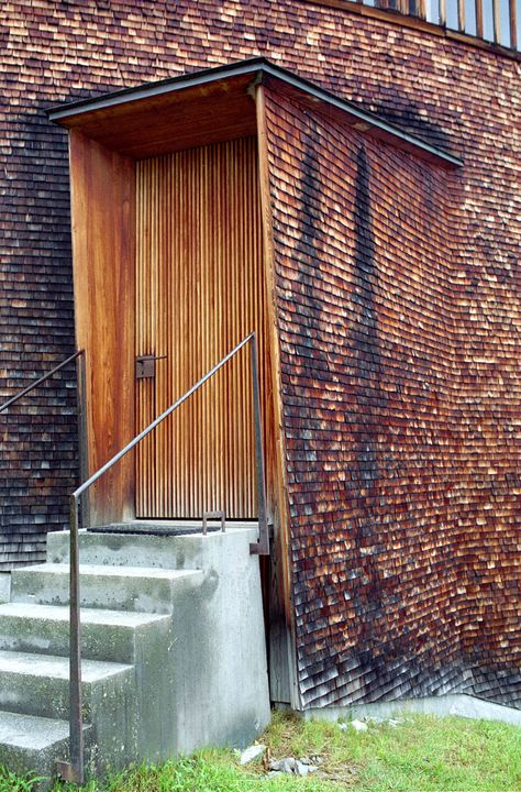 saint benedict chapel 8 exterior closeup of door | Flickr - Photo Sharing! Zumthor Architecture, Mountain Chapel, Wood Facade, Peter Zumthor, Wood Architecture, Dome Light, Saint Benedict, Kazan, Entry Doors