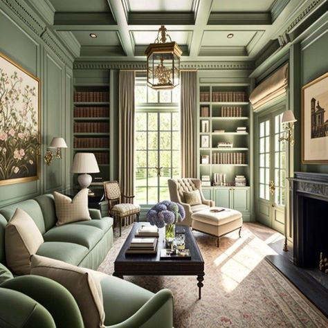 JRL Interiors — Ways to decorate using green Sage Library Room, Living Room Designs With Library, Green Coffered Ceiling, Wall Papered Living Room, Green Office Room Ideas, Sage Sunroom, Sage Green Library Room, Olive Green Library, Sherwin Williams Green Living Room