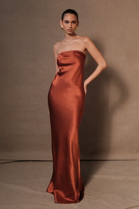 Claudette Strapless Satin Maxi Dress - Burnt Orange Neutral Satin Bridesmaid Dress, Deep Orange Bridesmaid Dresses, Neutral Dresses Formal, Burnt Orange Bridesmaid Dresses Satin, Burnt Orange Clothes, Satin Orange Dress, Burnt Orange Satin Dress, Yacht Party Dress, Burnt Orange Gown