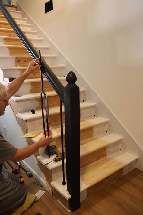 Replacing Stair Banisters, Diy Balusters, Redoing Stair Railing Banisters, Update Stair Balusters, How To Install Stair Railing, How To Install New Stair Railing, Stair Remodel Diy, Replace Stair Balusters, How To Replace Stair Spindles