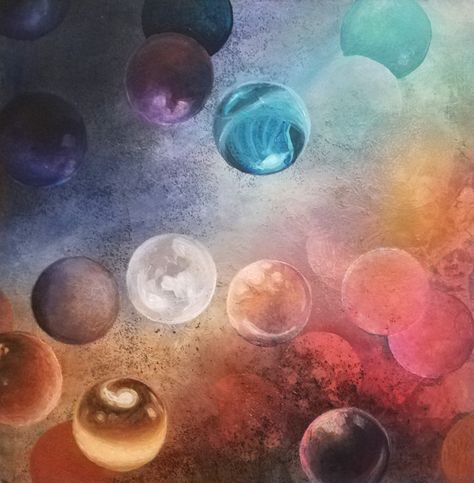 Bubbles, marbles planets, spheres and circles. This bright bold beautiful abstract painting has it all. Orb Painting, Beautiful Abstract Painting, Painting Ideas, Circles, Planets, Art Reference, Abstract Painting, Bubbles, Sparkle