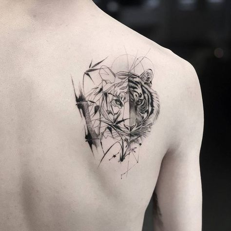 Tiger Tattoo On Shoulder, Arm Tattoos Tiger, Tattoo On Shoulder Blade, Geometric Tiger Tattoo, Tiger Tattoo Thigh, Edgy Tattoos, Mens Tiger Tattoo, Tiger Head Tattoo, Geometric Tiger