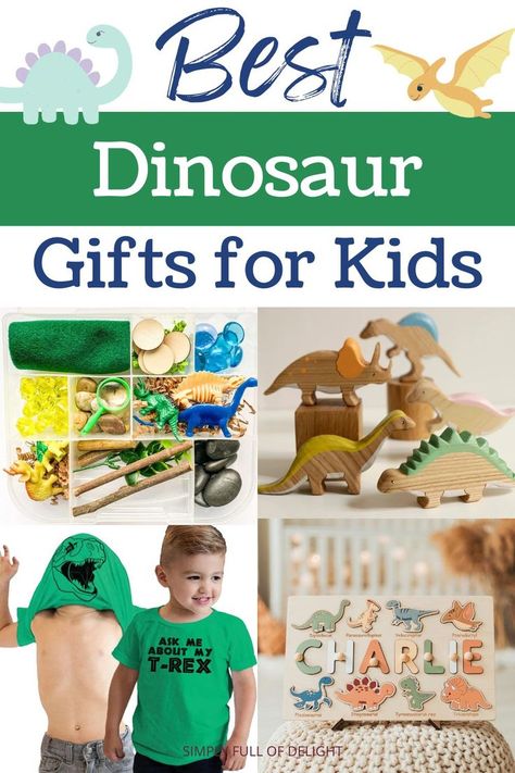 dinosaur gifts for kids - dinosaur sensory kit, wooden dinos, dino shirt, dinosaur puzzle Dinosaur Birthday Gifts Ideas, Dinosaur Gifts For Boys, The Good Dinosaur Toys, Toy Organization Ideas, Dinasour Birthday, Dinosaur Birthday Theme, Dino Toys, Dinosaur Toys For Kids, Toddler Boy Gifts