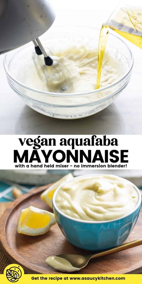 Make your own homemade vegan mayonnaise with with only a handful of basic ingredients! No food processor or immersion blender needed. Just a regular hand mixer is enough to whip your vegan mayo into a thick and creamy spread that looks and tastes just like the real thing. | Nut Free + Soy Free rn Homemade Vegan Mayo, Blender Mayonnaise Recipe, Vegan Mayonaise, Vegan Dressings, Stand Mixer Recipes, Mixer Recipes, Homemade Mayo, Vegan Mayo, Vegan Mayonnaise