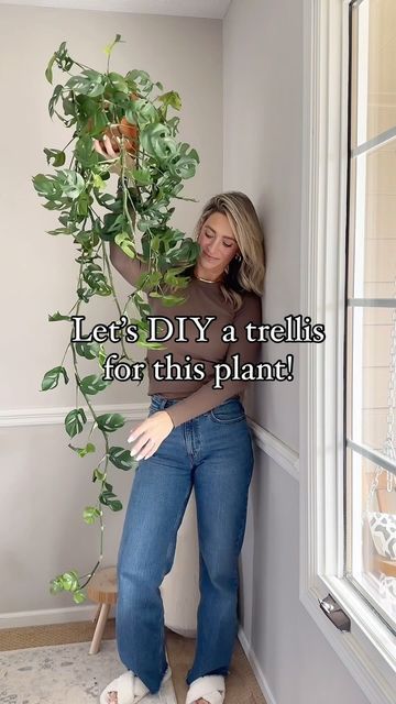 Wire Trellis Diy Indoor, House Plant Trellis Ideas, Diy Wall Trellis Indoor, Living Room Hacks Diy, Diy Climbing Plant Support, Ivy Trellis Ideas, Indoor Plant Climbing Ideas, Diy Hoop Trellis, Indoor Ivy Trellis