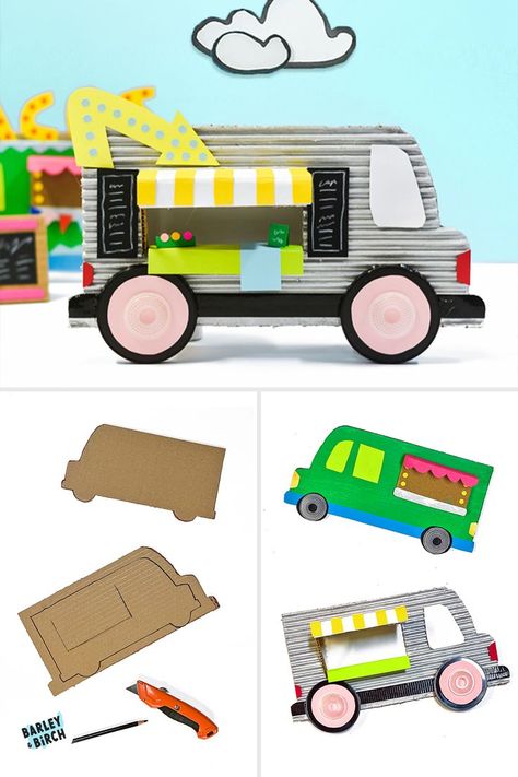 Process pictures showing how to make a mini cardboard food truck craft for kids