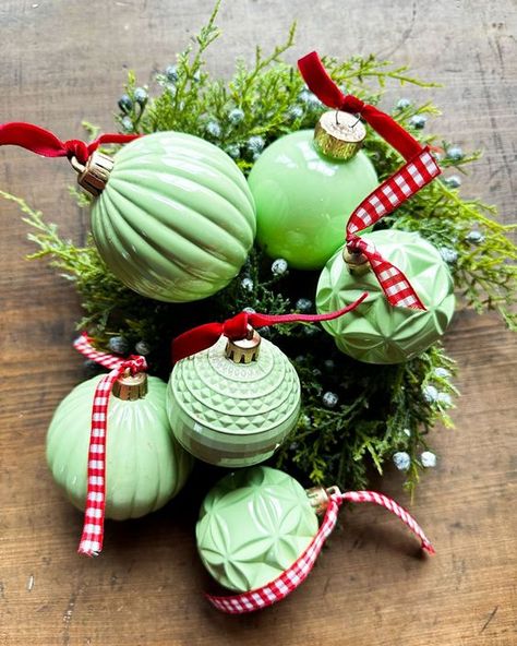 If you love the look of jadeite, I'll show you how I made these Jadeite Christmas Ornaments. Sharing what I learned not to do. Jadeite Christmas, Jadite Green, Green Christmas, Ornaments Diy, Christmas Balls, Yule, If You Love, Christmas Crafts, Christmas Ornaments