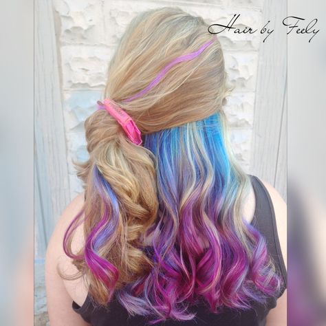 Peek A Boo Hair Color Ideas For Blondes, Purple Hair Blonde, Hair Color Melt, Goldwell Elumen, Blue Purple Hair, Peekaboo Highlights, Color Melt, Creative Hair Color, Creative Hair