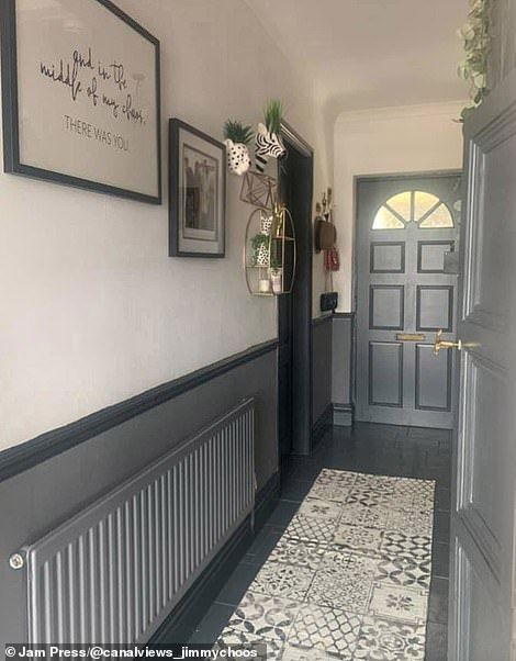 Terraced House Hallway Ideas, Grey Entrance Hall, Victoria Hallway Ideas, Council House Renovation Interior Design, Ex Council Flat Makeover, Council House Garden Ideas, Council Bathroom Ideas, Hallway Panneling Ideas Modern, Hallway Ideas Black Bannister