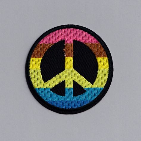 High quality iron-on embroidered rainbow flag peace symbol patch, for attaching to clothing, tote bags, luggage, cushions and any other fabric item. Rainbow Patch, Embroidered Rainbow, Rainbow Peace, Rainbow Flag, Gay Pride, Peace Symbol, Tote Bags, Stitching, Flag