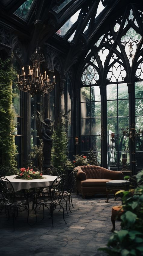 Gothic cathedral sunroom garden. Romantic dark homes. Fantasy witch vibes. Dark Academia Garden, Sunroom Garden, Academia Home, Dark Homes, Dark Academia Home, Garden Romantic, Deck Balcony, Fantasy Witch, Witch Vibes