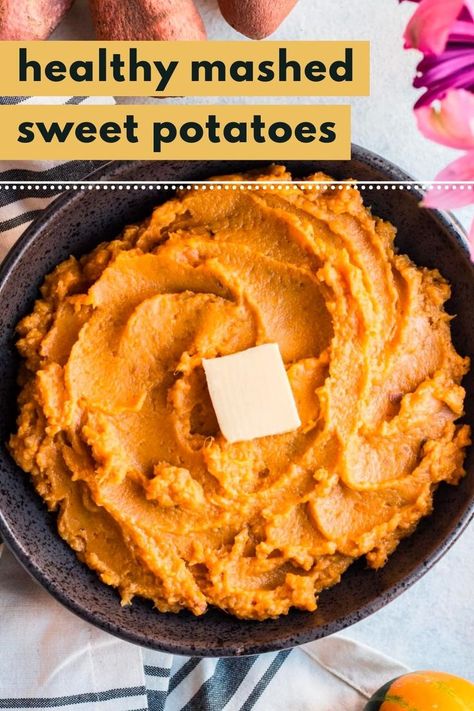 Made with only 6 ingredients, Healthy Mashed Sweet Potatoes are great for serving on holidays, as a simple side dish, or meal prepping!! Mashed Sweet Potato Recipes Healthy, Keto Mashed Sweet Potatoes, Healthy Mashed Sweet Potatoes, Mashed Yams Recipe, Thm Sweet Potato Casserole, Sweet Potato Mash Healthy, Easy Sweet Potato Mash, Low Carb Sweet Potato, Mashed Sweet Potatoes Healthy