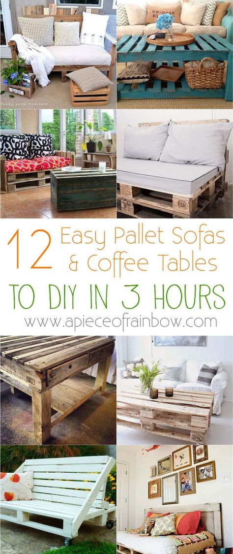 12 Easy Pallet Sofas and Coffee Tables to DIY in One Afternoon - A Piece Of Rainbow Simple Garden Furniture Ideas, Diy Pallet Sofa, Pallet Garden Furniture, Pallet Patio Furniture, Sale Furniture, Pallet Patio, Cheap Patio, Pallet Sofa, Recycled Pallets