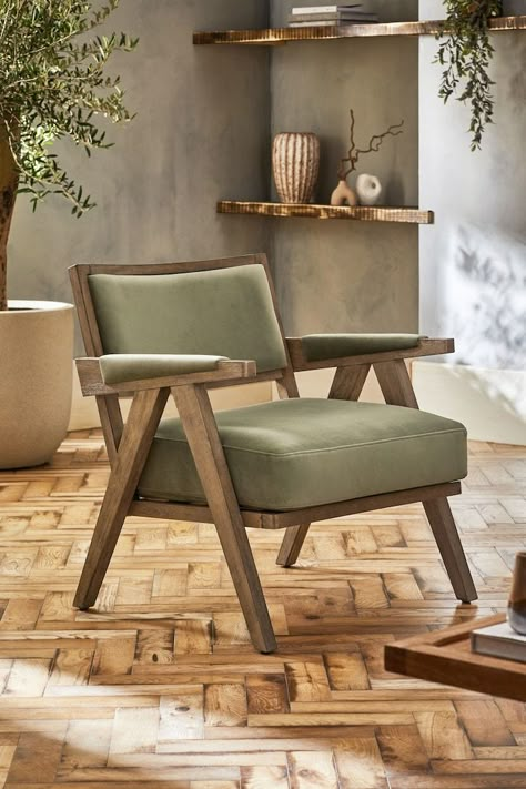 Forest Green Accent Chair, Wooden Chair Living Room, Big Dining Chairs, Chair For Drawing Room, Sage Green Accent Chair Living Room, Sage Green Accent Chair, Sage Green Chair, Arm Chair Living Room, Wooden Chair Design