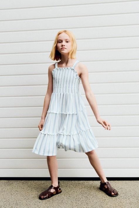 TEXTURED PRINTED DRESS - striped | ZARA Ireland Zara Kids Dress, Swimwear Suits, Dresses For Girls, Linen Jackets, Girl Online, Zara Kids, Printed Dress, Swimwear Accessories, Skirt Top