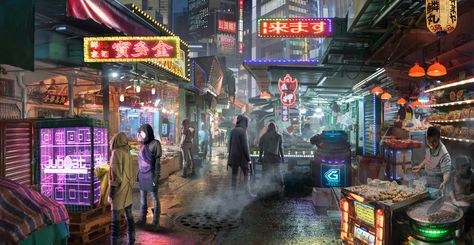 Cyberpunk Slums Concept Art, Cyberpunk Market, Cyberpunk Slums, Future Dystopia, Ville Cyberpunk, Punk Rocks, Sci Fi City, Sci Fi Environment, Cyberpunk City