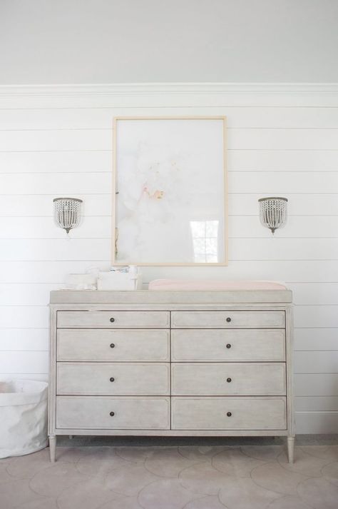 Nursery Shiplap, Diy Dressers, Shiplap Nursery, Lay Baby Lay, Monika Hibbs, Girl Nursery Pink, Changing Table Topper