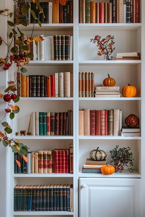 Display Your Books with Thanksgiving Theme Bookcases Fall Bookshelves Decor, Autumn Bookshelf Decor, Autumn Shelf Decor, Bookcase Styling With Books, Fall Bookshelf Decor, Fall Bookshelf, Autumn Living Room Decor, Surface Styling, Table Decor Inspiration