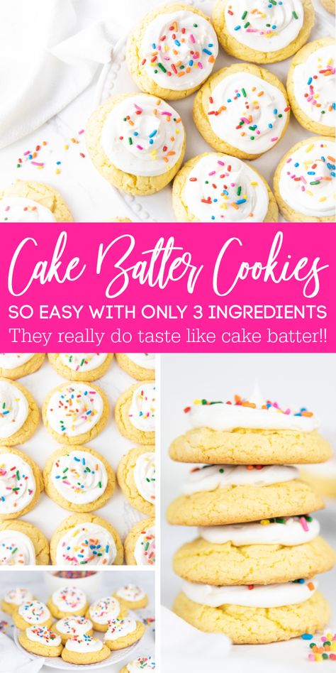 Cake Batter Cookies Easy, Cake Batter Cookies Recipe, 3 Ingredient Cake, 3 Ingredient Cakes, Cake Mix Cookie, Cake Mix Cookie Bars, Cake Batter Cookies, Soft Cookie Recipe, Boxed Cake Mixes Recipes