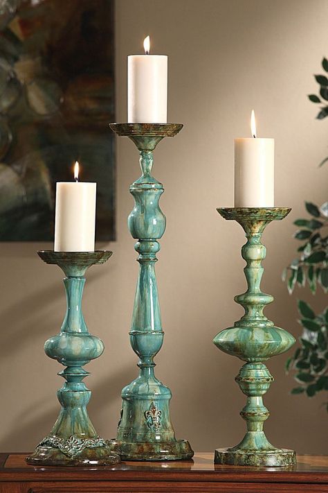 Stick Decor, Blue Candlesticks, Candle Stick Decor, Aegean Blue, Wood Candle Sticks, Metal Candlesticks, Large Candles, Christmas Tablescapes, Pillar Candle Holders