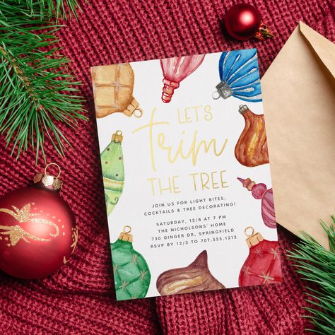 Tree Trimming Party, Fun Christmas Party Ideas, Christmas Tree Trimming, Colorful Ornaments, Holiday Party Themes, Ornaments Christmas Tree, Foil Invitations, Tree Trimming, Holiday Party Invitations