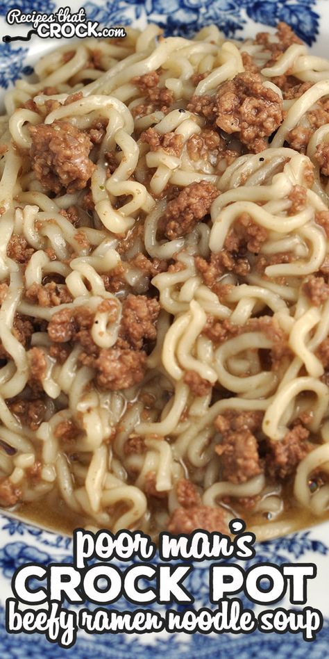 This Poor Man's Crock Pot Beefy Ramen Noodle Soup recipe is easy, delicious and affordable! It also cooks up quickly! You are gonna love it! via @recipescrock Dollar General Dinner Ideas, Crockpot Ramen Recipes, Rice Vermicelli Noodles Recipes, Meatball Meals, Top Ramen Recipes, Ramen Noodle Recipes Soup, Vegetable Soup Crock Pot, Ramen Noodle Recipes Easy, Crockpot Foods