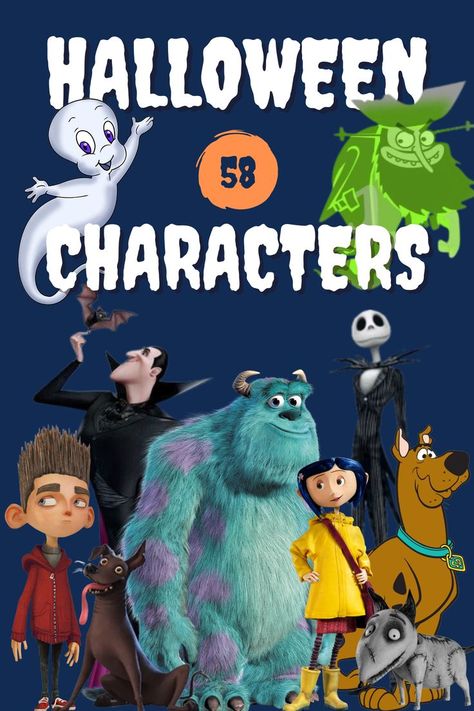 Popular Halloween characters featuring Scooby-Doo, Sulley, Coraline, Norman, Sparky, Casper, Dracula, Flying Dutchman, and Jack Skellington Halloween Cartoon Characters, Halloween Movie Characters, Best Cartoon Characters, Animated Movies Characters, Halloween Episodes, Halloween Film, Halloween Characters, Halloween Cartoon, Black Halloween Dress