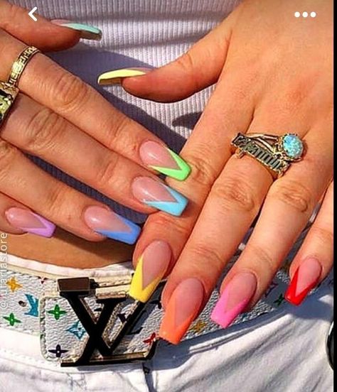 Ballerina Long Nails, Neon Rainbow Nails, Rainbow Nails Acrylic, Nails Turquoise, Chloe Nails, Checkered Nails, Ring Finger Nails, Long Acrylic Nail Designs, Rainbow Gradient