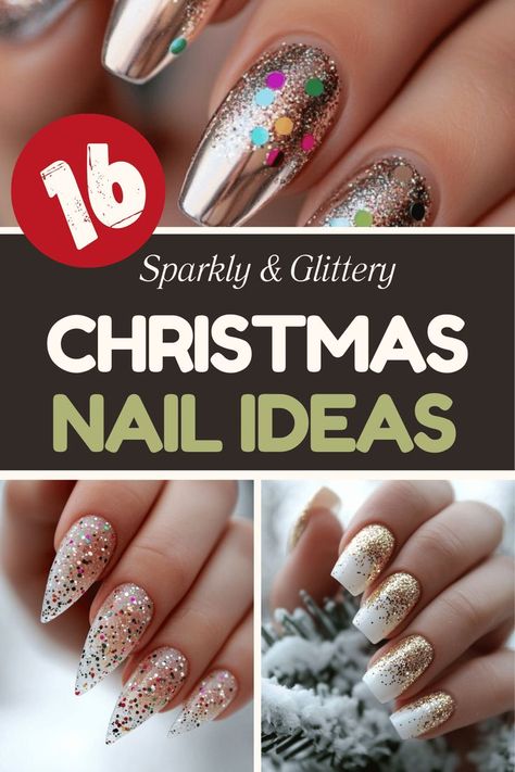 christmas glitter nails Christmas Glitter Nails, Gold Holiday Nails, Christmas Nail Ideas, White Glitter Nails, Plaid Nails, Chic Holiday, Christmas Glitter, Holiday Glam, Holiday Sparkle