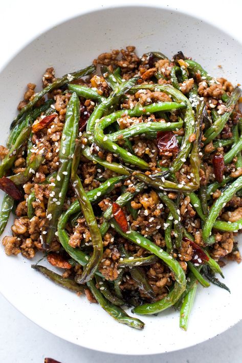 Asian Pork And Green Beans, Chinese Green Beans With Ground Pork, Whole 30 Green Bean Recipes, Pork Tenderloin And Green Beans, Meatball And Green Beans, Green Bean Entree Recipes, Pork With Green Beans, Green Bean Pork Stir Fry, Ground Meat Stir Fry Recipes